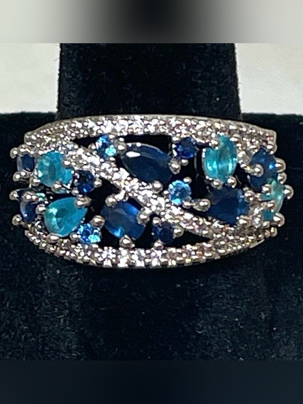 NEW Silvertone & Lab-Created Blue Topaz and Sapphire Multilayer Ring | Sz 6